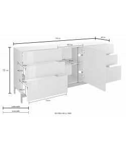 Credenza Moderna 1 Anta + 6 Cassetti Metis Con Piede In Metallo Bianco Lucido