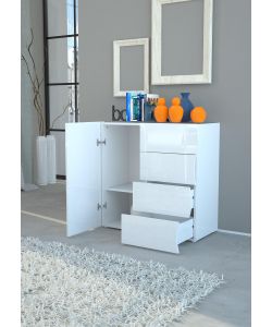 Web Furniture Mobile Onda Bianco Lucido 1 Anta 4 Cassetti - Design Moderno - 81h x 90L x 90P cm