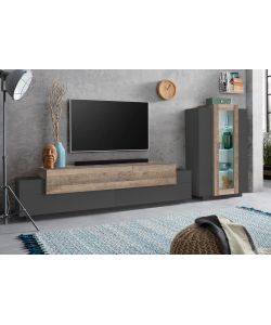 Soggiorno Corona Porta Tv + Vetrina Antracite E Oak