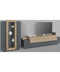Soggiorno Corona Porta Tv + Vetrina Antracite E Oak