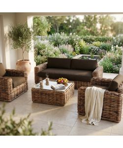Cosma Salotto Polinesia 5 Posti In Legno e Rattan Marrone con Cuscini