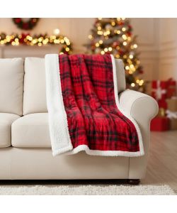 Plaid Tartan Rosso 130x160 cm in Flanella con Retro Sherpa
