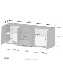 Web Furniture Credenza Pongo Sideboard 220 Bianco Laccato - 220x44x86 cm - Arredo Moderno