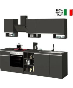 Cucina lineare componibile Domina 256cm Nero Grigio