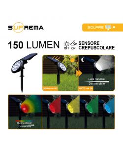 Suprema Picchetto Solare RGB con Sensore Crepuscolare Nero 150 lumen