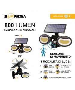 Suprema Proiettore LED Solare Nero con Sensore di Movimento - 800lm