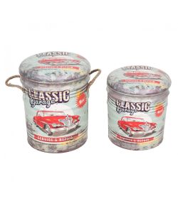 Cosma Set 2 Pouf Contenitore Tondo Verde Chiaro/Bianco Ø30x38 cm