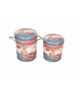 Cosma Set 2 Pouf Contenitore Tondo Azzurro/Bianco 30x38 cm