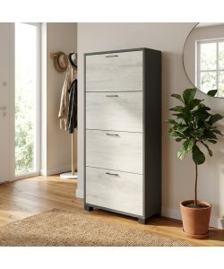 Cosma Scarpiera 4 Ante 24 Paia MDF Titanio Quercia Bianco 70x29x151 cm