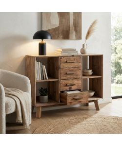 Cosma Credenza Bassa in Pino Riciclato Marrone 120x40x90 cm con 4 Cassetti