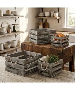 Cosma Set 4 Cassette Legno Paulownia Grigio - Contenitori Stile Industrial