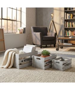 Cosma Set 3 Cassette Legno Paulownia Grigio 40x31x22cm Stile Industriale