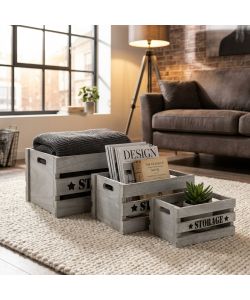 Cosma Set 3 Cassette Legno Paulownia Grigio 40x31x22cm Stile Industriale