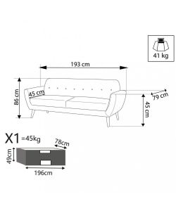 Cosma Divano 3 Posti Burton Grigio Chiaro in Tessuto 193x79x86 cm