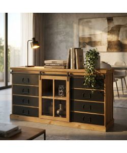 Cosma Mobile Soggiorno Industriale in Legno e Acciaio 147x75 cm Nero Marrone