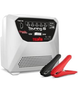 Telwin Caricabatterie Touring 15 12V/24V Grigio con Pinze e LED