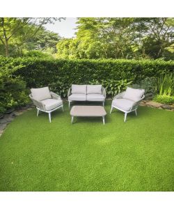 Salotto da Esterno Mariolu Bianco e Beige in Alluminio e Fune Intrecciata - 4 Pezzi con Cuscini Inclusi