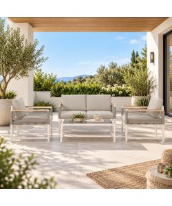 Domo Mea Salotto da Giardino Tavolara in Alluminio Bianco e Fune Beige