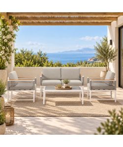 Domo Mea Salotto da Giardino Tavolara in Alluminio Bianco e Fune Beige