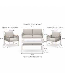 Domo Mea Salotto da Giardino Tavolara in Alluminio Bianco e Fune Beige