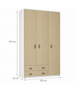 Armadio Monza 3 Ante e 2 Cassetti Bianco Olmo - 120x52x207 cm