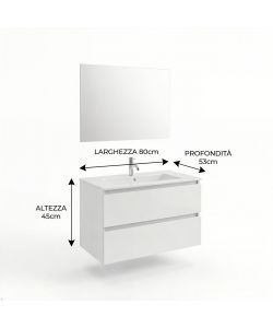 Mobile Bagno Sospeso Bianco 80cm con Lavabo e Specchio