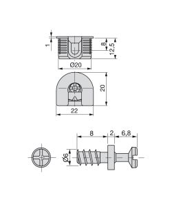 Emuca Supporto per ripiani, D. 20 mm, 12,5 mm + Perni D. 6,8 mm, Zama e Acciaio, Nichelato, 20 u.