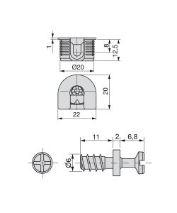 Emuca Supporto per ripiani, D. 20 mm, 12,5 mm, + Perni D.6,8 mm, Zama e Acciaio, Nichelato, 20 u.