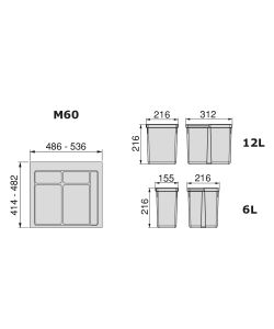 Emuca Contenitori per raccolta differenziata, 12 L + 6 L + 6 L, 3 u. + Base