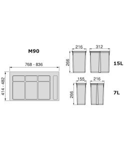 Emuca Contenitori per raccolta differenziata, 12 L 12 L + 7 L + 7 L, 4 u. + Base