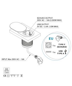 Emuca Torretta con 1 presa e con 1 usb, da incasso, con coperchio