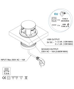 Emuca Torretta con 3 prese e con 2 usb nero