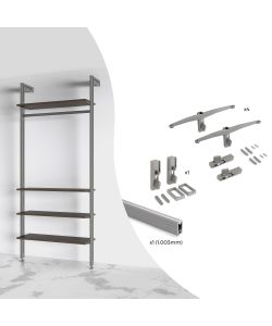 Emuca Kit di supporto per 4 ripiani in legno e 1 barra di sospensione da 1 m, verniciato grigio pietra, alluminio e zama e plastica