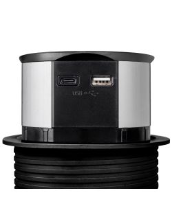 Emuca Multiconnettore Vertikal Push diametro 100mm, 3 spine di tipo Schuko, 1 USB tipo A, 1 USB tipo C, Acciaio e Tecnoplastica, Verniciato nero 1 UN
