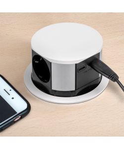 Emuca Multiconnettore Vertikal Push diametro 100mm, 3 spine Schuko, 1 USB-A, 1 USB-C