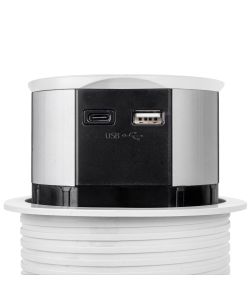 Emuca Multiconnettore Vertikal Push diametro 100mm, 3 spine Schuko, 1 USB-A, 1 USB-C