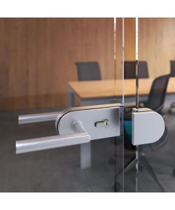 Emuca  Kit serratura e riscontro per porte a doppio vetro, scrocco orizzontale per porta in vetro 8-12mm, acciaio e alluminio, anodizzato opaco 1 KIT