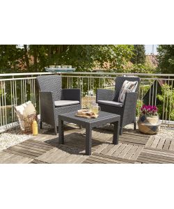 SALVADOR BALCONY SET con cuscini - Poltrone 62x60x89h Tavolino aperto 59x59x43h - Flat Wicker 7 mm - Grafite Keter