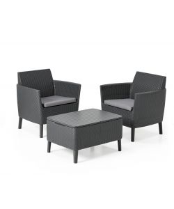 SALEMO BALCONY SET con cuscini - Poltrone 79x66,5x76h Tavolo contenitore 76,5x56,5x41,5h - Flat Wicker 7 mm - Grafite Keter