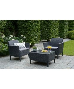 SALEMO BALCONY SET con cuscini - Poltrone 79x66,5x76h Tavolo contenitore 76,5x56,5x41,5h - Flat Wicker 7 mm - Grafite Keter