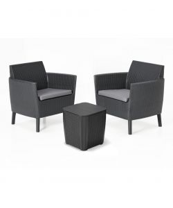 SALEMO BALCONY SET con cuscini - Poltrone 79x66,5x76h Tavolino Luzon contenitore 39x39x42h - Flat Wicker 7 mm - Grafite Keter