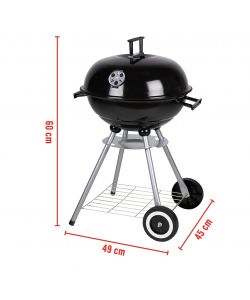 BBQ Barbecue Nero Tondo 2 Ruote con Coperchio e Griglia - 50x49x73 cm