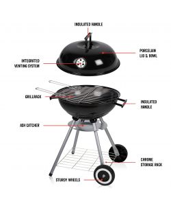 BBQ Barbecue Nero Tondo 2 Ruote con Coperchio e Griglia - 50x49x73 cm