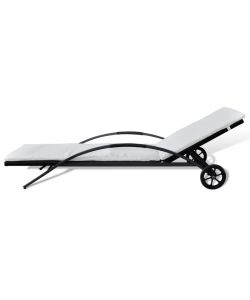 Lettino Prendisole con Cuscino e Ruote in Polyrattan Nero