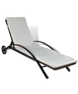 Lettino Prendisole con Cuscino e Ruote in Polyrattan Marrone 42494