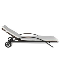 Lettino Prendisole con Cuscino e Ruote in Polyrattan Marrone 42494
