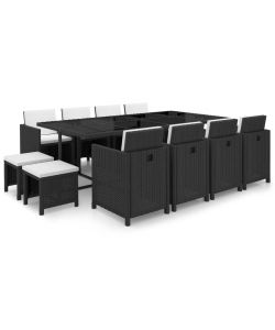 Set da Pranzo da Giardino 13 pz con Cuscini in Polyrattan Nero