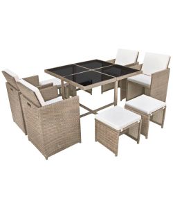 Set da Pranzo da Giardino 9 pz con Cuscini in Polyrattan Beige