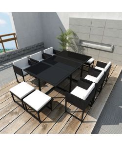 Set da Pranzo da Giardino 11 pz con Cuscini in Polyrattan Nero  42760