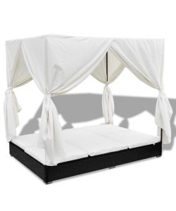 Lettino Prendisole con Tende in Polyrattan Nero